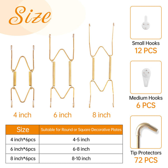 Bilillo 12-Piece Stainless Steel Wall Plate Hangers, 6/8/10Inch Invisible Decorative Wire Plate Holders, Gold