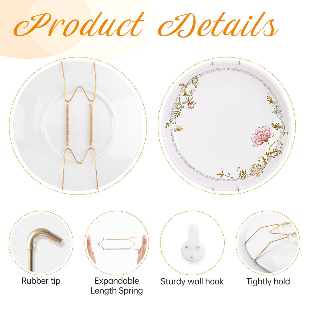 Bilillo 12-Piece Stainless Steel Wall Plate Hangers, 6/8/10Inch Invisible Decorative Wire Plate Holders, Gold