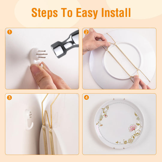 Bilillo 12-Piece Stainless Steel Wall Plate Hangers, 6/8/10Inch Invisible Decorative Wire Plate Holders, Gold