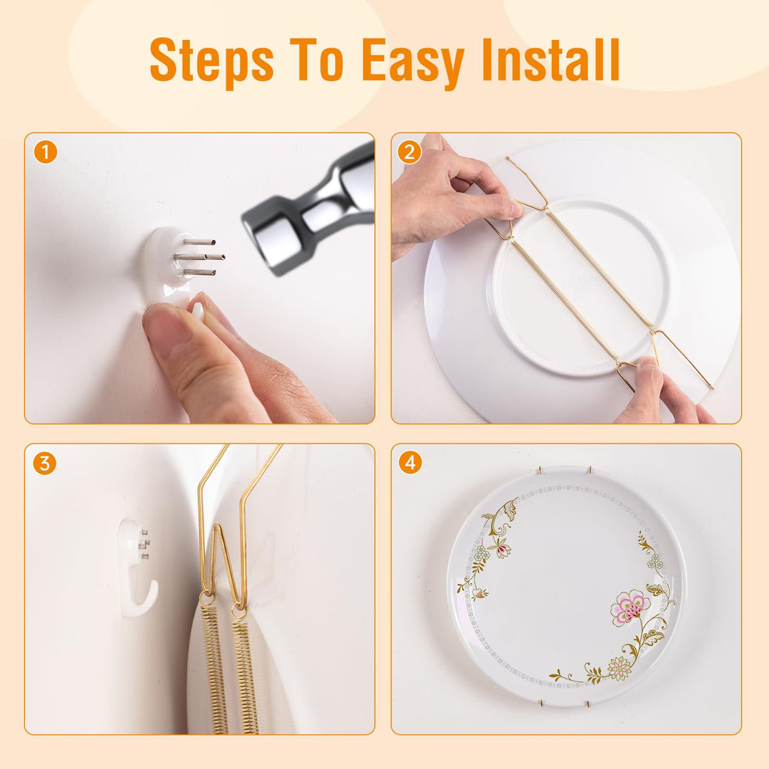 Bilillo 12-Piece Stainless Steel Wall Plate Hangers, 6/8/10Inch Invisible Decorative Wire Plate Holders, Gold