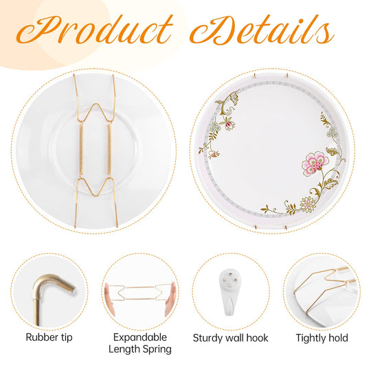 Bilillo 12-Piece Stainless Steel Wall Plate Hangers, 6/8/10Inch Invisible Decorative Wire Plate Holders, Gold