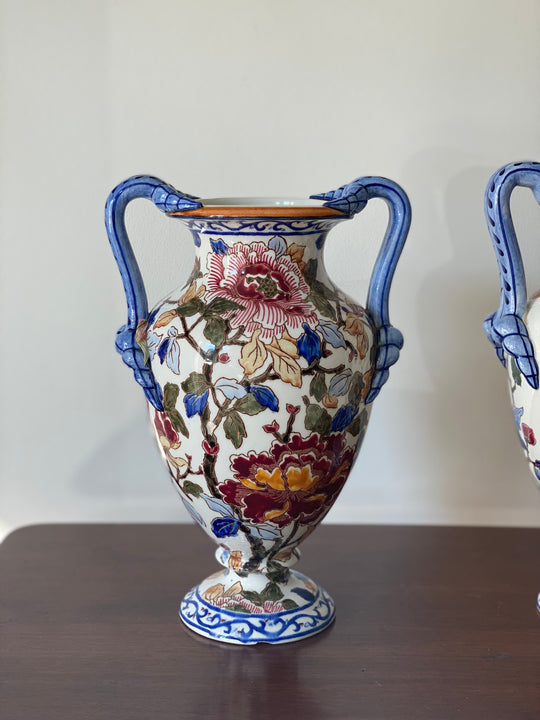 pair of vintage French Gien “pivoines” amphora vases