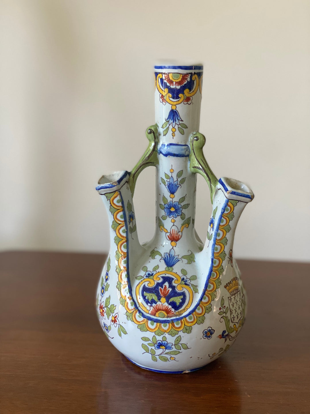 rare 19th century French Rouen pottery heraldic tulipiere