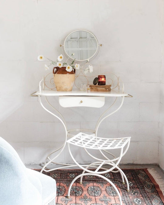 1960s French enamelled wrought iron dressing table and stool