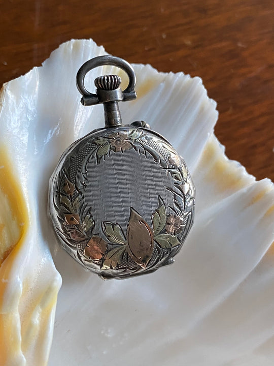 turn of the century French etched silver chatelaine ladies pocket watch