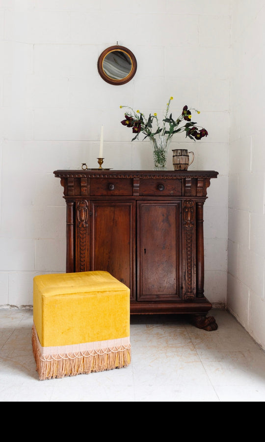 midcentury French velvet and passementerie fringe ottoman