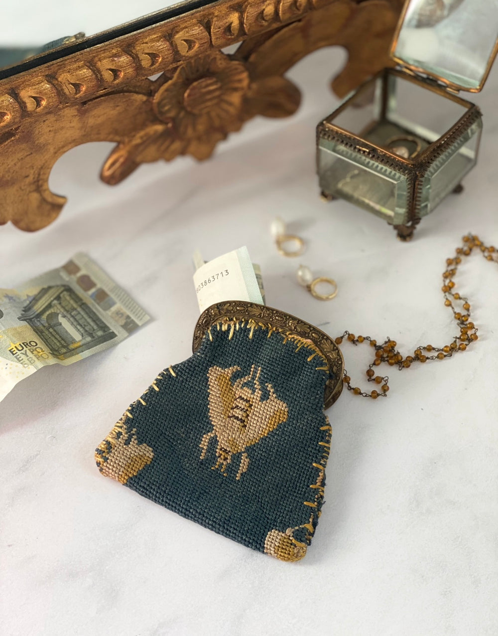 rare 19th century French silk needlepoint tapestry bee motif coin purse