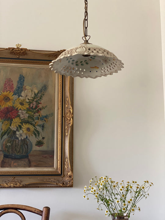 rare vintage Italian Caltagirone hand painted ceramic pendant light, signed by artist Nicolò Morales