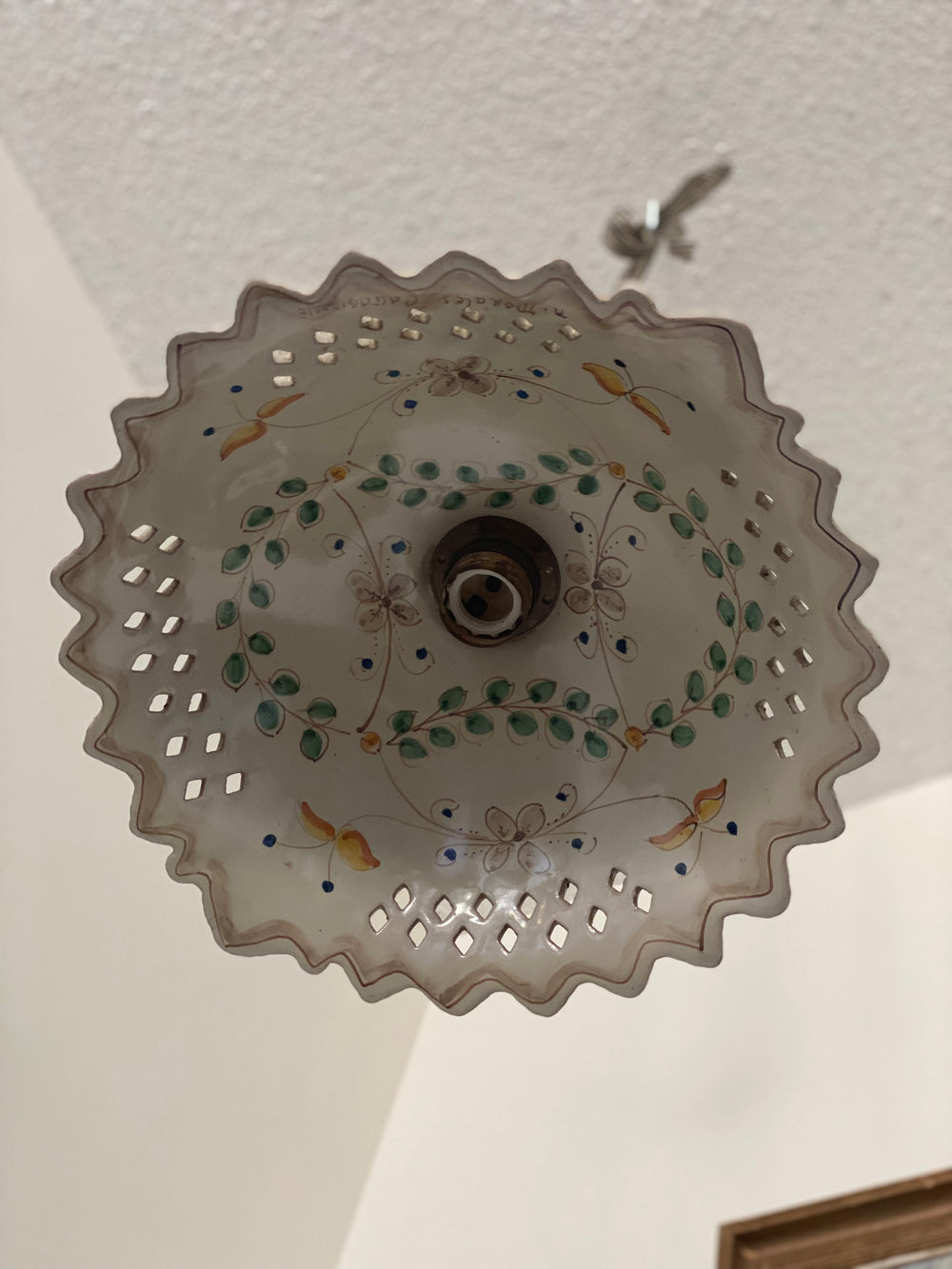 rare vintage Italian Caltagirone hand painted ceramic pendant light, signed by artist Nicolò Morales