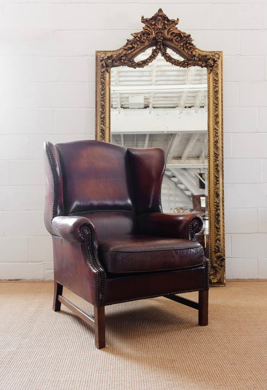 vintage European sheepskin leather wingback chair