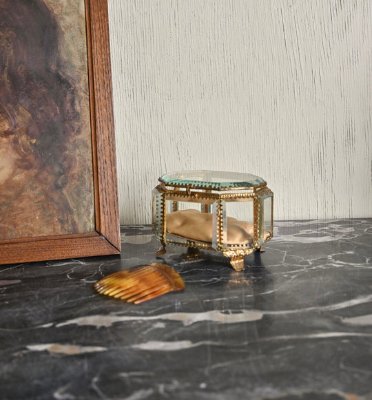 rare antique french octagonal ormolu and beveled glass bijoux casket, extra large