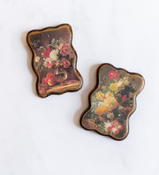 pair of petite midcentury Italian wood plaque prints