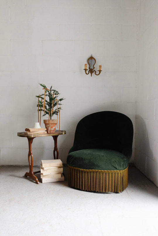 antique french forest green crapaud chair with fringe