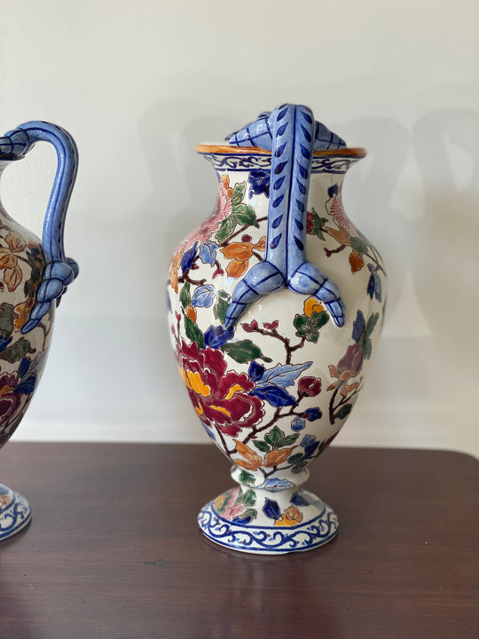 pair of vintage French Gien “pivoines” amphora vases