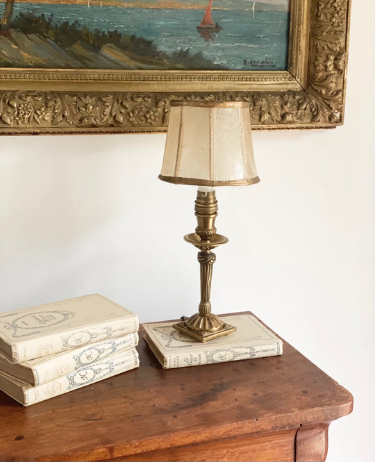 turn of the century French gilt brass lamp with rawhide shade