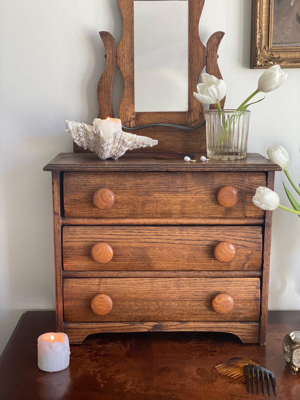 turn of the century French salesman sample oak dresser & vanity mirror
