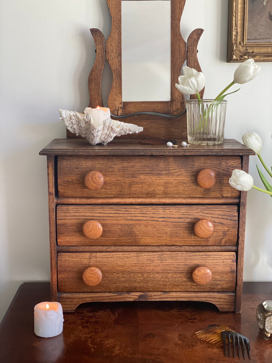 turn of the century French salesman sample oak dresser & vanity mirror