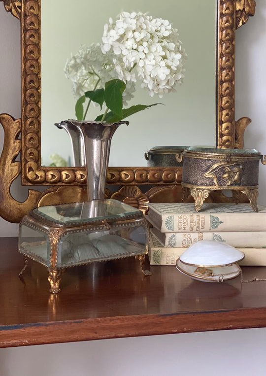 extra large turn of the century French gilt ormolu & beveled glass bijoux casket