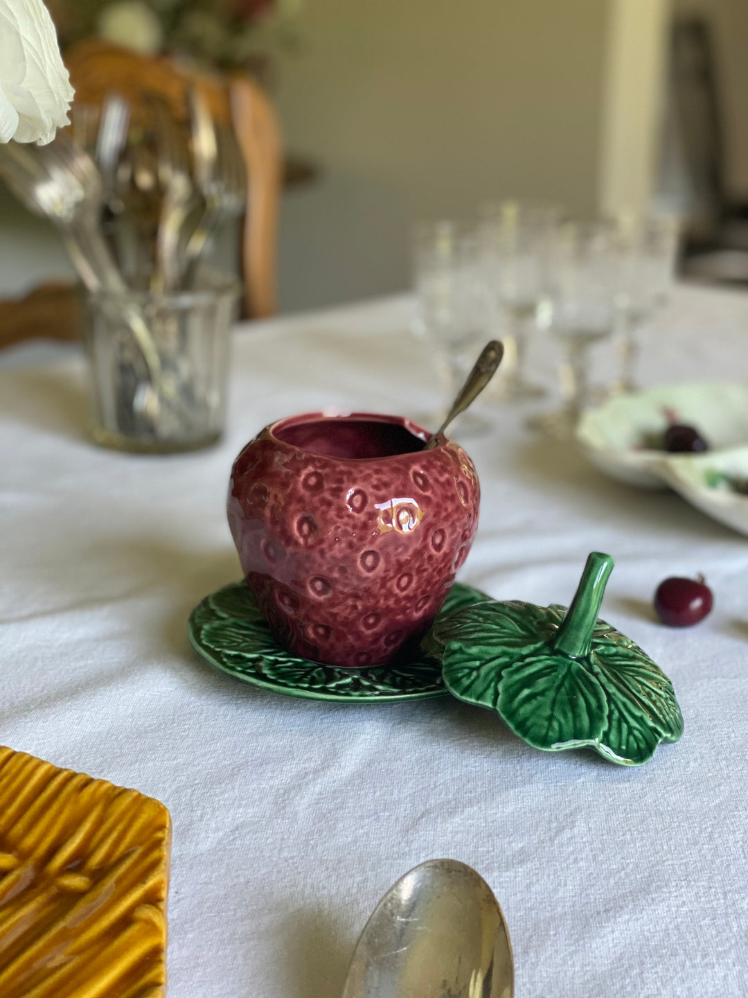 vintage French majolica strawberry confiture pot and antique French silver spoon