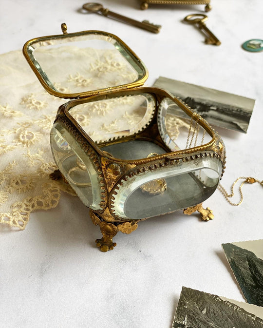 antique french beveled glass and ormolu bijoux casket, extra large