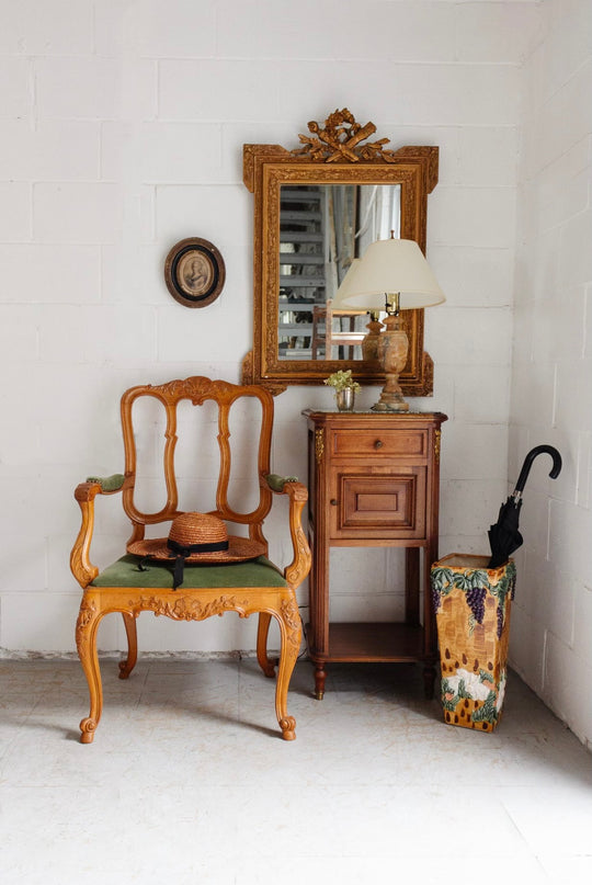 antique French Louis XVI style walnut and green marble nightstand