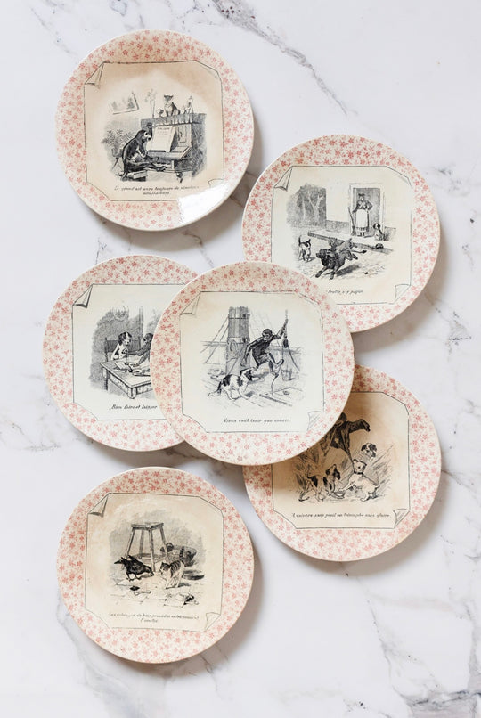 rare antique french "Perse" Sarreguemines talking plates, set of 6