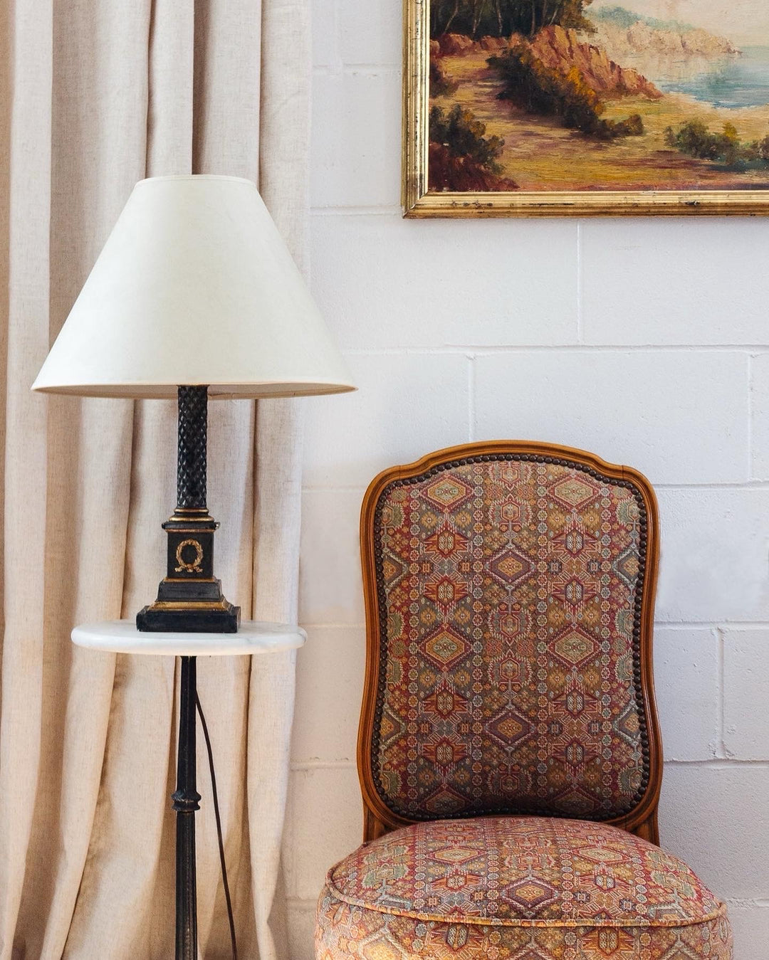 antique walnut Louis XV ladies chair with vintage Moroccan tastir-style jacquard upholstery