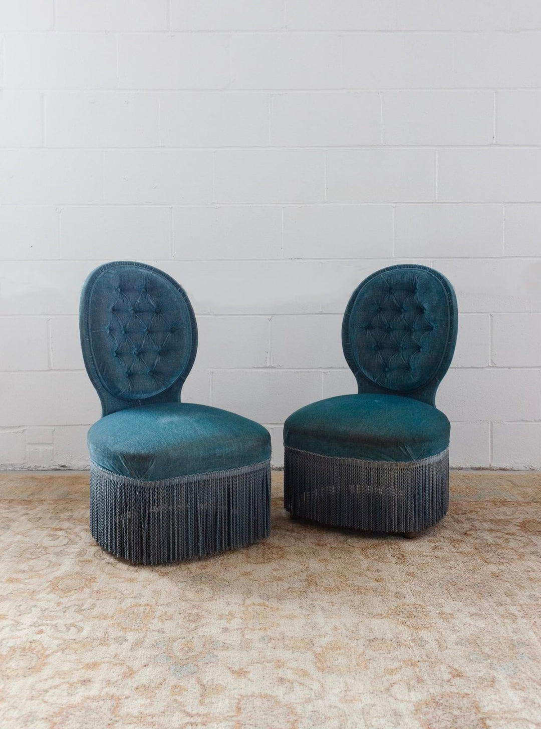 pair of vintage french "petite" velvet slipper chairs