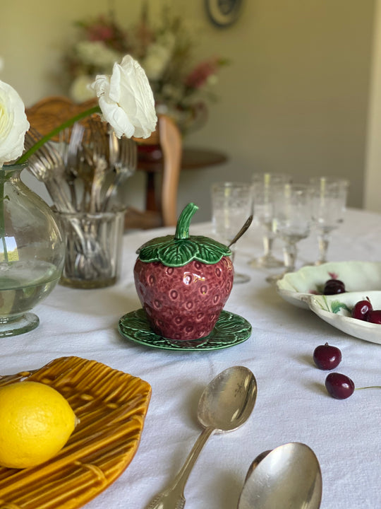 vintage French majolica strawberry confiture pot and antique French silver spoon