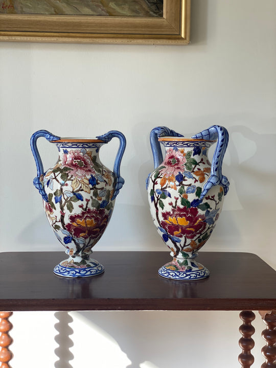 pair of vintage French Gien “pivoines” amphora vases