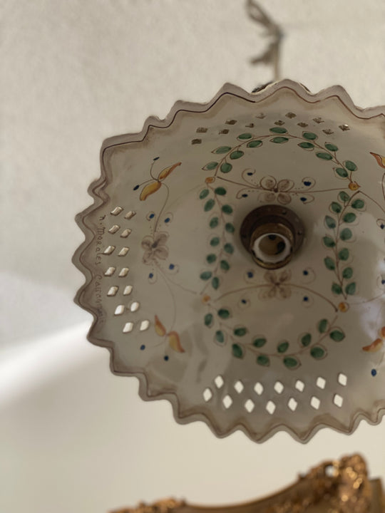 rare vintage Italian Caltagirone hand painted ceramic pendant light, signed by artist Nicolò Morales