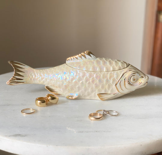 rare antique artist crafted Limoges porcelain fish jewelry box