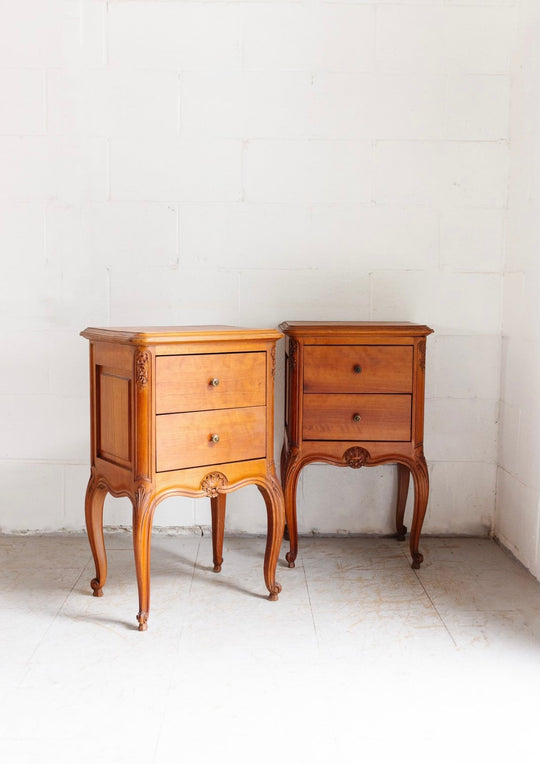 pair of vintage french louis xv style walnut carved nightstands