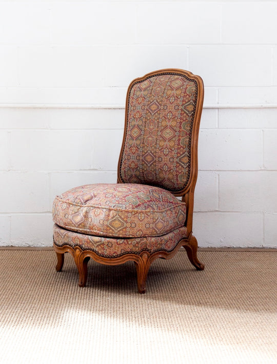 antique walnut Louis XV ladies chair with vintage Moroccan tastir-style jacquard upholstery