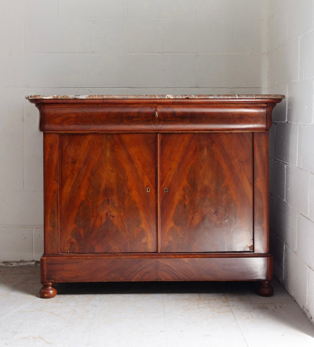 19th century French Louis Philippe flame mahogany and marble top side board