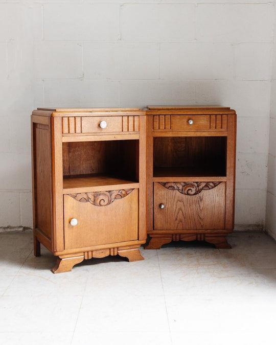 pair of vintage French art deco carved oak nightstands