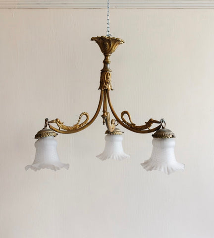 1920s French brass chinoiserie 3 light chandelier