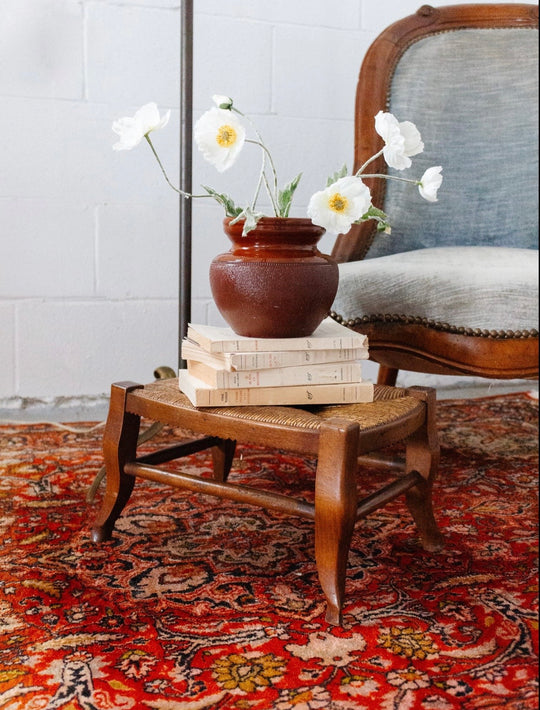 antique french walnut and rush stool