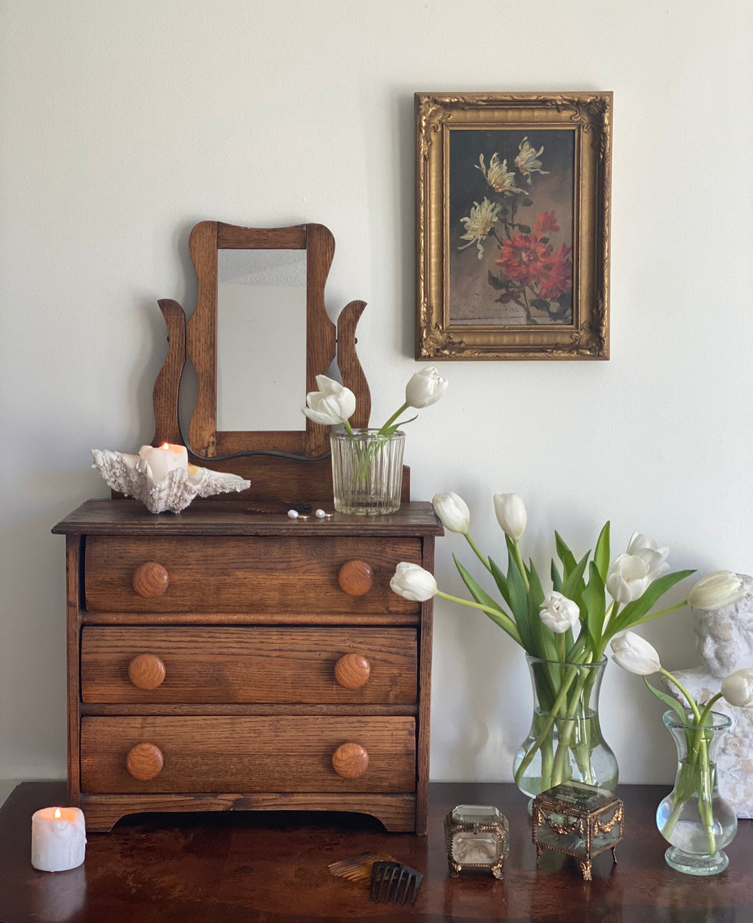 turn of the century French salesman sample oak dresser & vanity mirror
