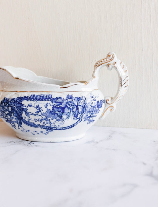 antique austrian FP and Co blue and white gravy "floral" boat