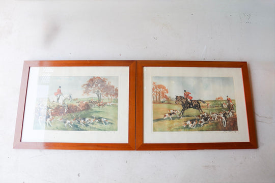 pair of vintage english hunting lithographs