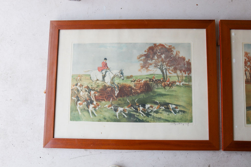 pair of vintage english hunting lithographs