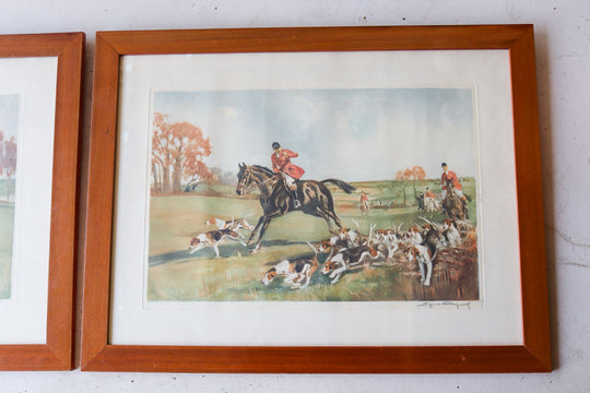 pair of vintage english hunting lithographs