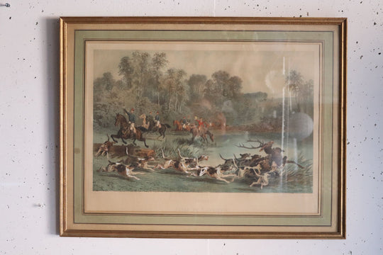 large antique french hunting scene engraving "saumur cavalry school"