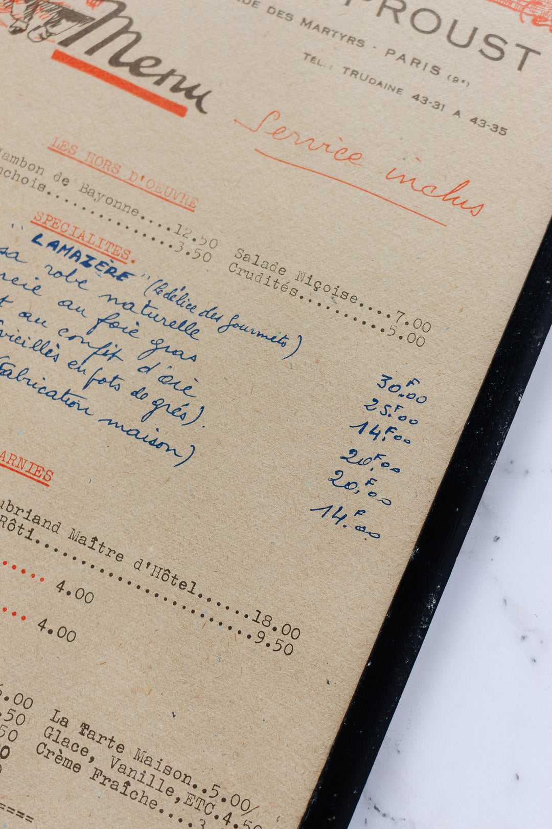 vintage french "hôtel proust" hand written menu