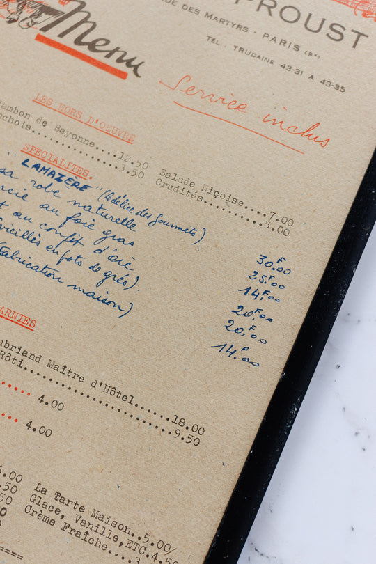 vintage french "hôtel proust" hand written menu