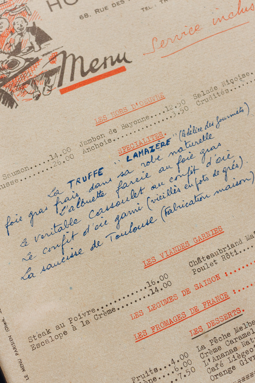 vintage french "hôtel proust" hand written menu