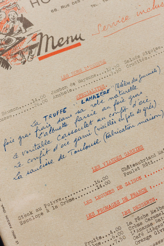 vintage french "hôtel proust" hand written menu