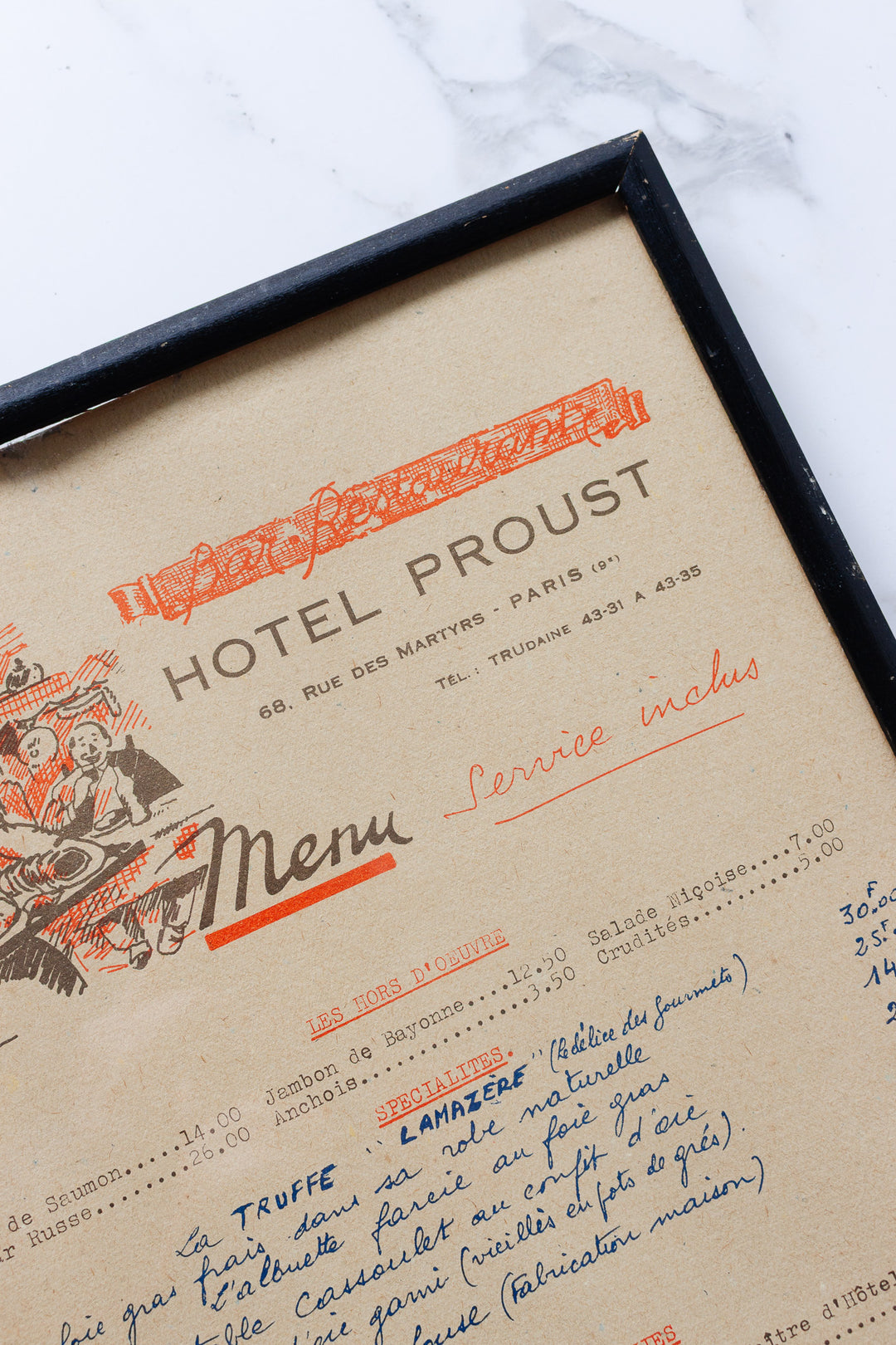 vintage french "hôtel proust" hand written menu
