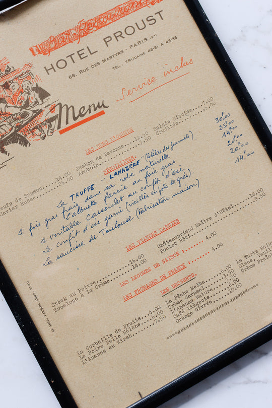 vintage french "hôtel proust" hand written menu